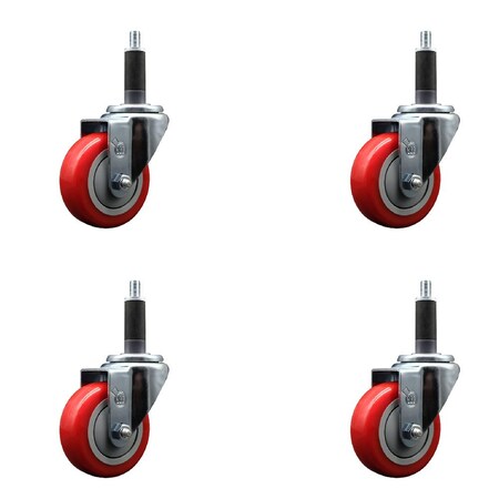 Service Caster 3.5'' Red Poly Wheel Swivel 1'' Expanding Stem Caster Set, 4PK SCC-EX20S3514-PPUB-RED-1-4